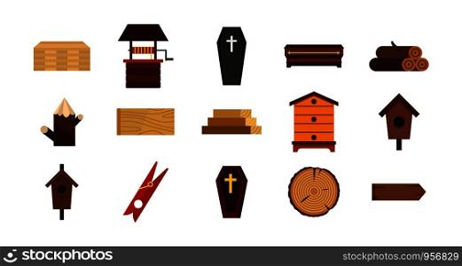 Wood object icon set. Flat set of wood object vector icons for web design isolated on white background. Wood object icon set, flat style