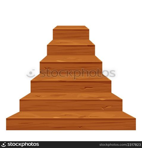 Wood old, cracked stairs in cartoon style, detailed drawing isolated on white background. Empty house, castle decoration, rural construction, furniture. Vector illustration