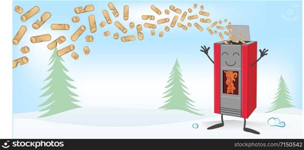 Wood pellett stove cartoon on christmas banner background