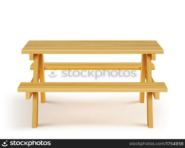 Wood picnic table with benches, wooden furniture for outdoor bbq dining, garden desk isolated on white background. Graphic design object, equipment for park recreation Realistic 3d vector illustration. Wood picnic table with benches, wooden furniture