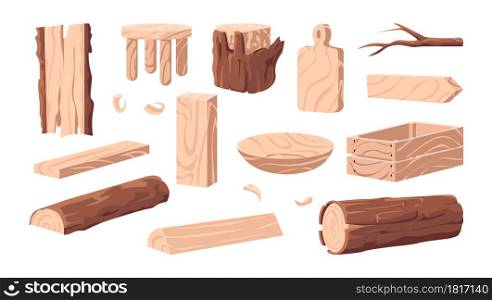 Wood products. Cartoon wooden lumber. Plank and stump. Carpentry industry woodwork collection of nature forestry materials. Box and stool. Handmade carving dishes. Vector isolated craft elements set. Wood products. Cartoon wooden lumber. Plank and stump. Carpentry industry woodwork collection of forestry materials. Box and stool. Handmade carving dishes. Vector craft elements set