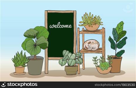 wood sign and Potted plants Set with Letter board for writing messages, Potted plants Hand drawing style. Cartoon vector illustration.