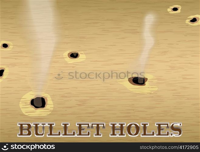 Wood sign with smoking bullet holes and copy space