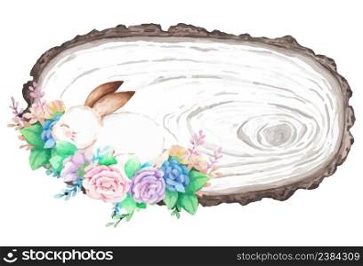 Wood slice watercolor with spring easter decoration. Vector illustration.