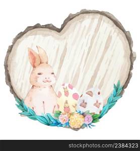 Wood slice watercolor with spring easter decoration. Vector illustration.