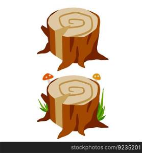 Wood stump, flat vector illustration isolated on white background. Cut tree trunk bottom part. Nature decoration of forest. Wood stump, flat vector illustration isolated