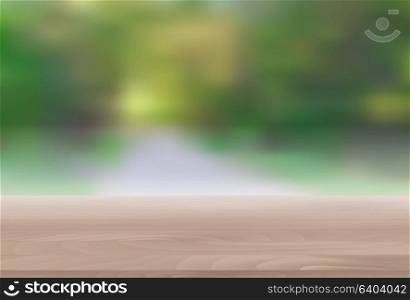 Wood Table Top on Abstract Blur Natural Green Background for Display or Montage Your Products Template for Ads, Announcement Sale, Promotion New Product or Magazine Background. 3D Realistic Vector Iillustration. EPS10. Wood Table Top on Abstract Blur Natural Green Background for Dis