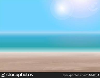 Wood Table Top on Abstract Blur Natural Sea Background for Display or Montage Your Products Template for Ads, Announcement Sale, Promotion New Product or Magazine Background. 3D Realistic Vector Iillustration. EPS10. Wood Table Top on Abstract Blur Natural Sea Background for Displ
