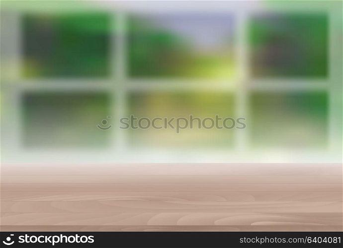 Wood Table Top on Blur Natural Green Background for Display, Montage Your Products Template for Ads, Announcement Sale, Promotion New Product or Magazine Background. 3D Realistic Vector Iillustration. EPS10. Wood Table Top on Blur Natural Green Background for Display, Mon