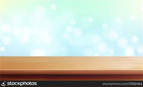Wood Table Top Vector. Abstract Morning Sunlight. Bokeh Background With Vintage Filter. Blurred Warm Bokeh Background For Advertising Your Product On Display.. Wood Table Top Vector. Brown Bokeh Abstract Natural Background. Close Up Top Wooden Table. Decoration Of Desk And Gold Space.