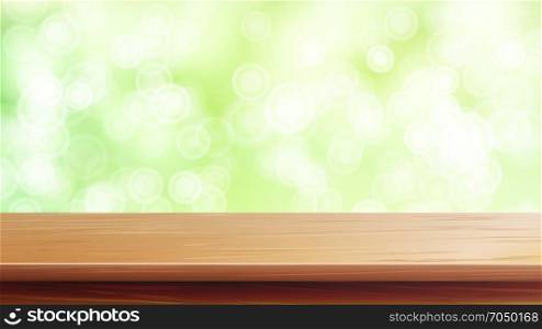 Wood Table Top Vector. Abstract Morning Sunlight. Close Up Top Wooden Table. Abstract Lights On Gold Bokeh Blurred Background. For Product Montage Display.. Wood Table Top Vector. Blur Spring Green Background. Empty Smooth Wooden Deck Table. Blurred Warm Bokeh Background. For Advertising Your Product On Display.