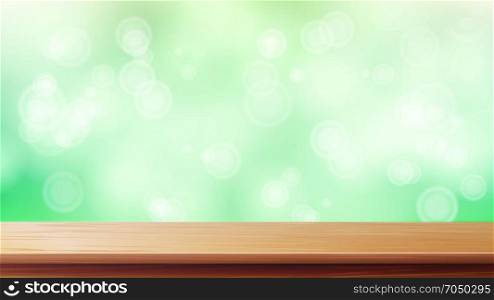 Wood Table Top Vector. Blur Spring Green Background. Empty Smooth Wooden Deck Table. Blurred Warm Bokeh Background. For Advertising Your Product On Display.. Wood Table Top Vector. Green Bokeh Background. Bokeh Background With Vintage Filter. Good For Display, Montage Your Products.