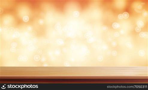 Wood Table Top Vector. Brown Bokeh Abstract Background. Close Up Top Wooden Table. Blurred Warm Bokeh Background. For Product Montage Display.. Wood Table Top Vector. Abstract Morning Sunlight. Abstract Warm Blur And Bokeh Background. Decoration Of Desk And Gold Space.