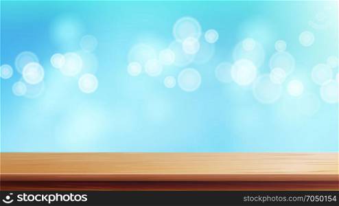 Wood Table Top Vector. Brown Bokeh Abstract Natural Background. Close Up Top Wooden Table. Decoration Of Desk And Gold Space.. Wood Table Top Vector. Blue Bokeh Background. Empty Smooth Wooden Deck Table. Abstract Lights On Gold Bokeh Blurred Background. Good For Display, Montage Your Products.