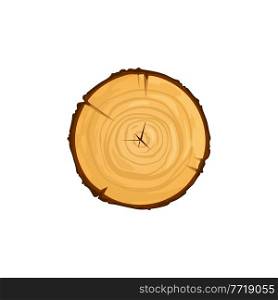 Wood texture wavy ring slice of tree isolate stump top view flat cartoon icon. Vector log of round wood, chopped tree bark of felled dry wood. Lumber circle with cracked pattern, oak or pine timber. Saw cut tree trunk isolated cartoon wooden rings