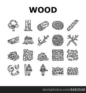 wood timber tree wooden material icons set vector. log board, plank lumber, forest nature, panel trunk, grain cut, stump carpentry wood timber tree wooden material black contour illustrations. wood timber tree wooden material icons set vector