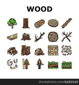 wood timber tree wooden material icons set vector. log board, plank lumber, forest nature, panel trunk, grain cut, stump carpentry wood timber tree wooden material color line illustrations. wood timber tree wooden material icons set vector