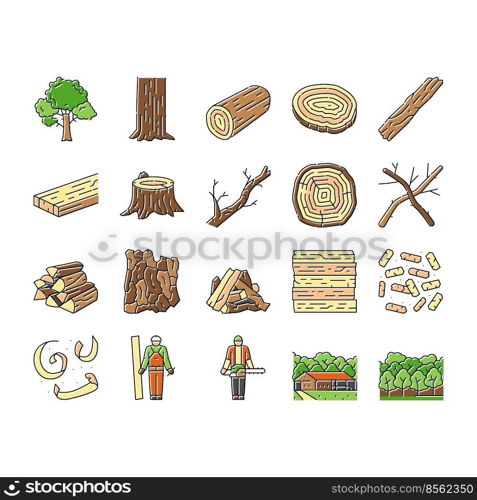 wood timber tree wooden material icons set vector. log board, plank lumber, forest nature, panel trunk, grain cut, stump carpentry wood timber tree wooden material color line illustrations. wood timber tree wooden material icons set vector