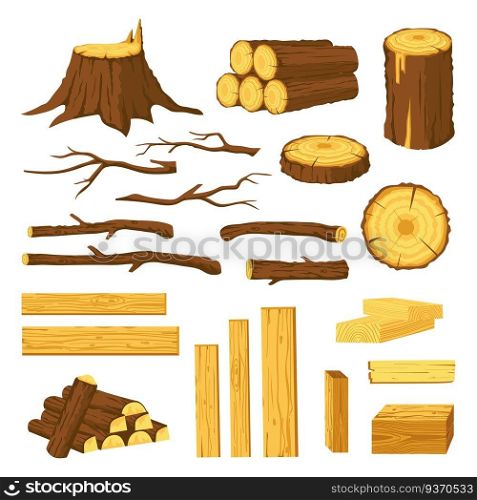 Wood trunks and planks. Raw materials for lumber industry, logs, stumps, tree stubs with bark and wooden bars. Cartoon firewood vector set isolated on white. Carpentry concept, pieces of wood. Wood trunks and planks. Raw materials for lumber industry, logs, stumps, tree stubs with bark and wooden bars. Cartoon firewood vector set