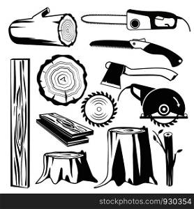 Wood trunks black. Wooden industry forestry tree elements vector monochrome pictures. Illustration of wood trunk and forestry industry, instrument sawmill and equipment for cutting. Wood trunks black. Wooden industry forestry tree elements vector monochrome pictures