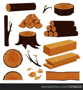 Wood trunks. Stacked lumber material, trunk twig and firewood logging twigs. Tree stump, old wooden plank or timber log for campfire. Cracked trunks isolated cartoon vector icons set. Wood trunks. Stacked lumber material, trunk twig and firewood logging twigs. Tree stump, old wooden plank isolated cartoon vector set