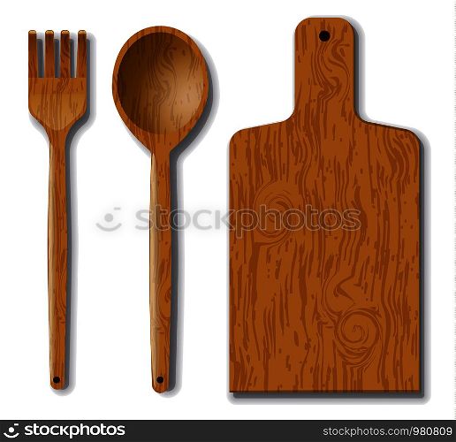 wood utensil, fork, spoon and wood board kitchenware. wood utensils
