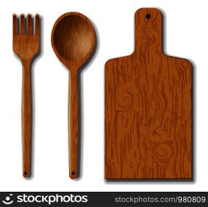 wood utensil, fork, spoon and wood board kitchenware. wood utensils