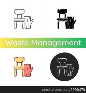Wood waste icon. Discarded wood products. Furnitures. Whole trees, pruned branches. Construction and demolition debris. Linear black and RGB color styles. Isolated vector illustrations. Wood waste icon