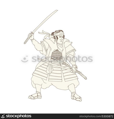 Woodblock drawing sketch style illustration of Samurai Warrior Katana sword Fight Stance viewed from side on isolated background.. Samurai Warrior Katana Fight Stance Woodblock