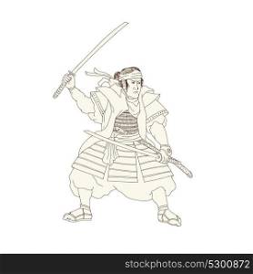 Woodblock drawing sketch style illustration of Samurai Warrior Katana sword Fight Stance viewed from side on isolated background.. Samurai Warrior Katana Fight Stance Woodblock