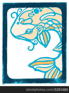 Woodblock print of koi fish.