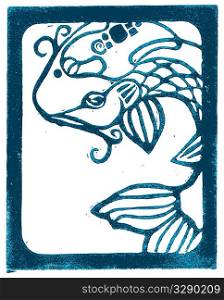 Woodblock print of koi fish in blue.