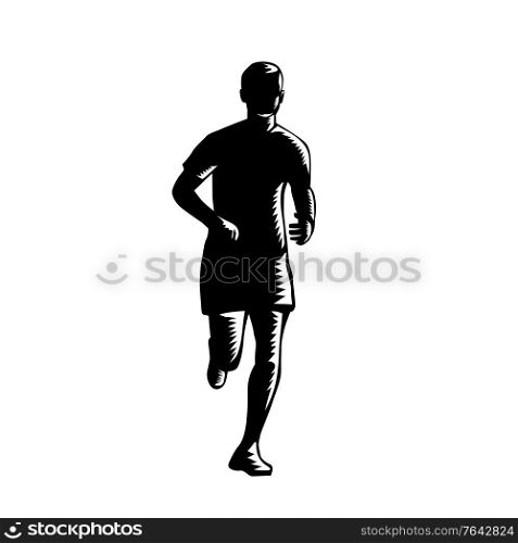 Woodcut illustration of a silhouette marathon runner running viewed from front on isolated background done in retro black and white style.. Marathon Runner Silhouette Running Front View Retro Woodcut Black and White