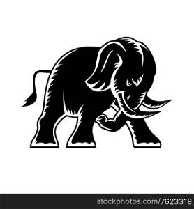 Woodcut style cartoon character mascot style illustration of an angry elephant charging and attacking viewed from side on isolated background in black and white.. Angry Elephant Charging Attacking Side View Mascot Woodcut Black and White