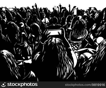 Woodcut style illustration of a large crowd of young people with cellphone or mobile phone at a live concert music event party festival with white on black background done in retro stencil style.. Crowd of Young People with Cellphone at a Live Concert Woodcut Style