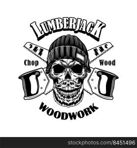 Woodcutter vector illustration. Head of skeleton in beanie hat, crossed saws and woodwork text. Lumberjack job or craft concept for labels or tattoo templates