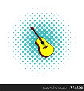 Wooden acoustic guitar icon in comics style on a white background. Wooden acoustic guitar icon, comics style