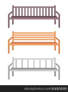 Wooden and Metal Park Bench. Set of park bench. Brown wooden and silver metal bench icon. One isolated outdoor bench. City object in flat. Simple drawing. Isolated vector illustration on white background.