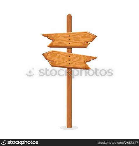 Wooden arrow sign. Wood board. Signboard for road, post and banner. Cartoon old arrow isolated on white background. Blank wooden texture for signpost, billboard and direction on stick. Vector.