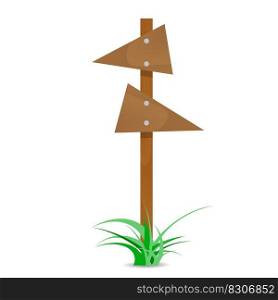 Wooden arrow with bush. Directional pointer, wooden guidepost arrow board. Vector illustration. Wooden arrow with bush