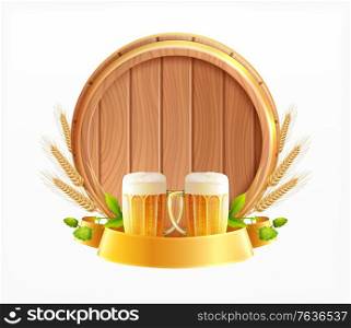 Wooden barrel beer emblem realistic composition with glasses pieces of wheat heads and wood beer cask vector illustration