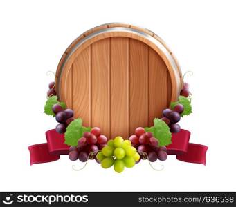 Wooden barrel emblem realistic composition with vine grapes and red ribbon tied round the wine cask vector illustration