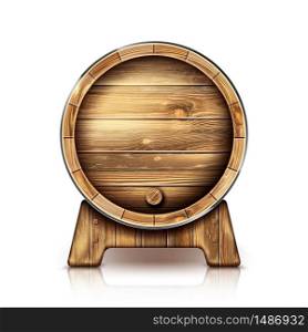 Wooden barrel for wine or beer. Cask from oak wood on stand for brewery or winery. Vector realistic keg for whiskey, rum or cognac isolated on white background in front view. Vector wooden barrel for wine or beer on stand