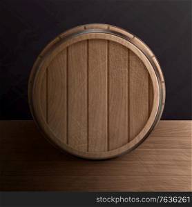 Wooden barrel roll realistic composition with top view of wood cask on table with metal rim vector illustration
