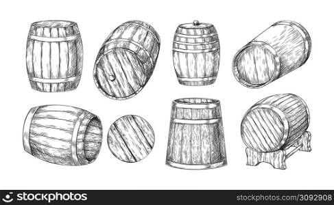 Wooden barrel sketch. Hand drawn vintage oak wood cask for beer, whiskey or wine. Alcohol beverage storage. Isolated ale or cognac containers. Winery kegs shapes. Vector old brewery engraving logo set. Wooden barrel sketch. Hand drawn vintage oak wood cask for beer, whiskey or wine. Alcohol beverage storage. Ale or cognac containers. Winery kegs shapes. Vector old brewery logo set
