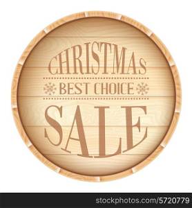 Wooden barrel view from top isolated on white with chrstmas sign. Vector illustration.