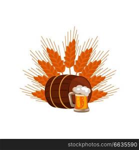 Wooden barrel with beverage and mug of beer in transparent glass vector illustration on background of ears of wheat. Light alcohol drink in glass. Wooden Barrel with Beverage and Mug of Beer Vector