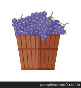 Wooden Barrel with Bunches of Red Wine Grape. Wooden barrel with bunches of red wine grape. Vineyard grape icon. Wine barrel with red grapes icon. Wine grape icon. Isolated object in flat design on white background. Vector illustration.