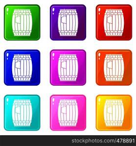 Wooden barrel with ladle icons of 9 color set isolated vector illustration. Wooden barrel with ladle set 9