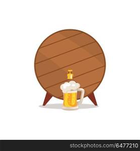 Wooden barrel with tap and mug of beer topped by froth foam vector illustration isolated on white. Faucet on container with alcohol drink. Wooden Barrel with Tap and Mug of Beer Vector. Wooden Barrel with Tap and Mug of Beer Vector